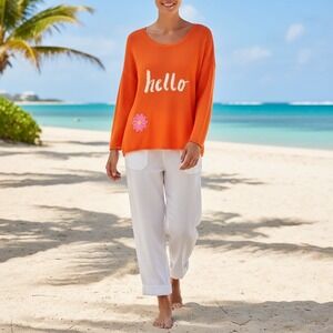 Pink‎ Pineapple Orange Hello Flower Knit Sweater Women's Size L 100% Cotton